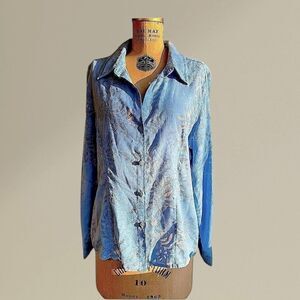 Vintage Sag Harbor Blue Semi sheer glittery long sleeve shirt size 16